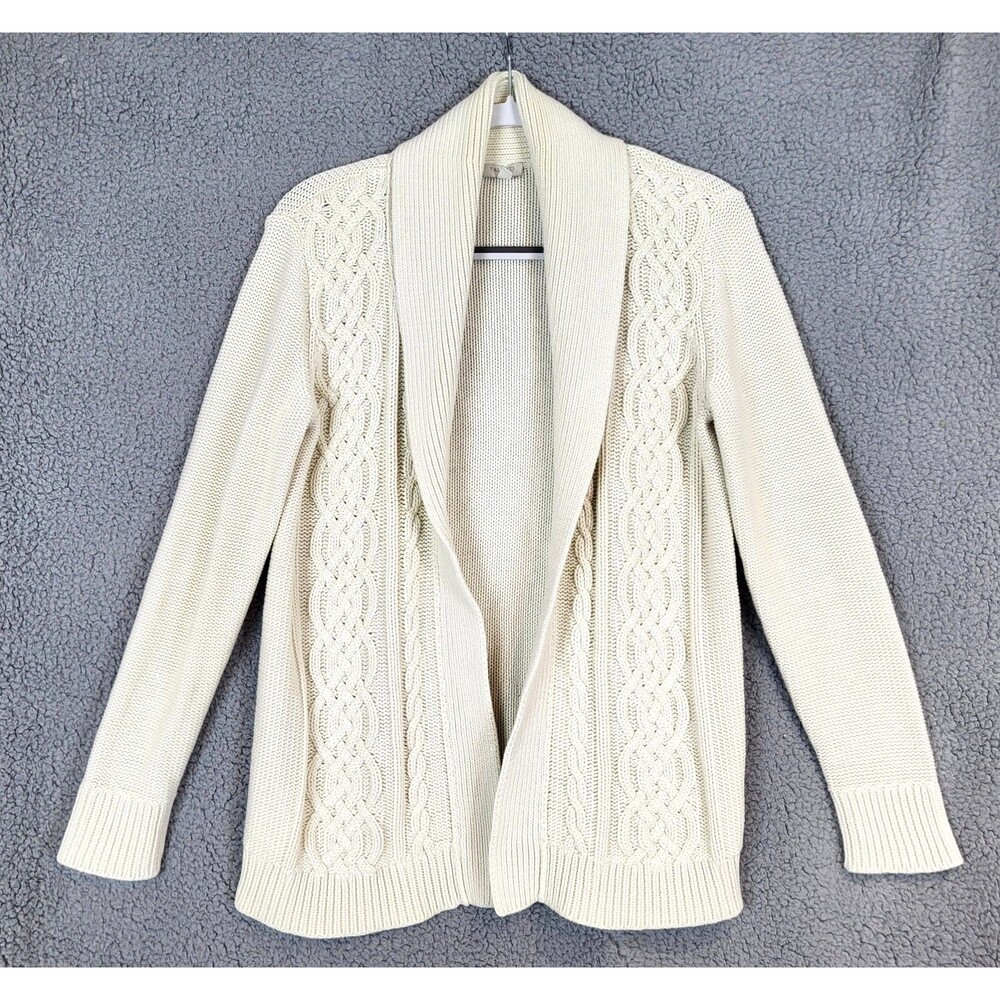 Talbots Cable Knit Shawl Collar Open Knit Cardigan Ivory Size Small Cotton